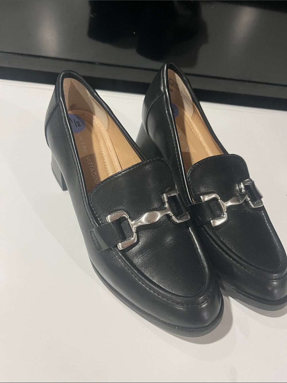 Adrienne Vittadini Black Leather Loafers with Silver Bit